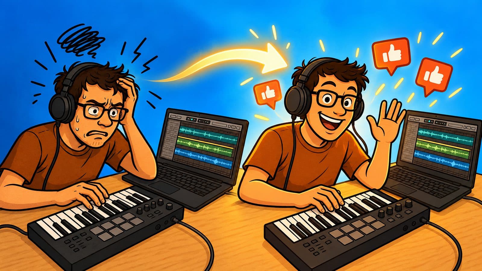 A frustrated musician at a laptop and keyboard, then the same musician smiling as likes pop up.